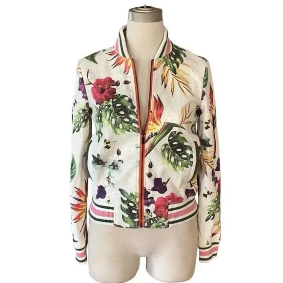Bagatelle Womens Faux Leather Floral Print Full Zip Bomber Jacket Sz XS